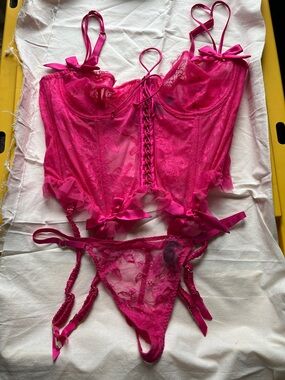 Victoria’s Secret Sheer Lace Hot Pink Lingerie Bustier Set